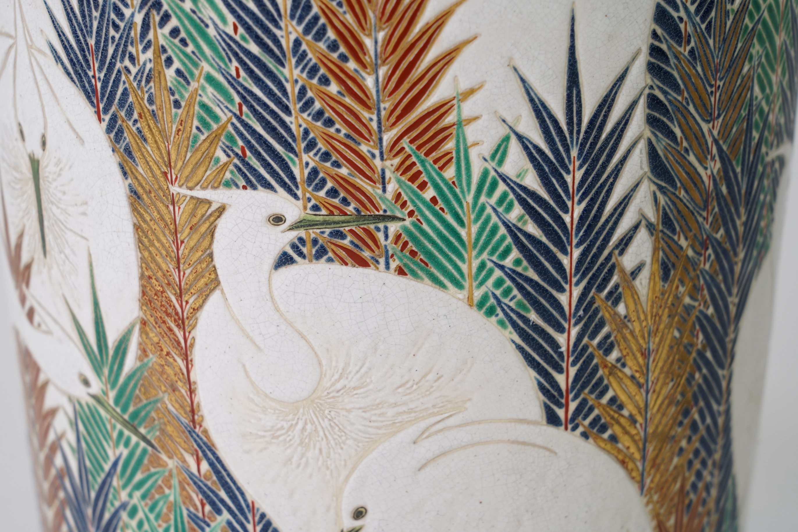 An exhibition size Japanese Satsuma ‘egrets’ vase, Meiji period, signed Tansai